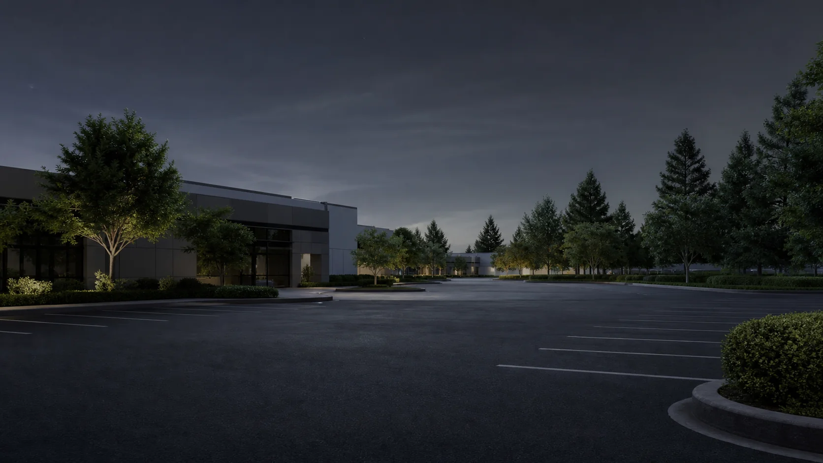 Parking commercial au crépuscule — visualisation d’application.